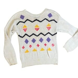 Adell Barre Womens Cream Geometric‎ Diamond Triangle Pattern Knit Sweater L